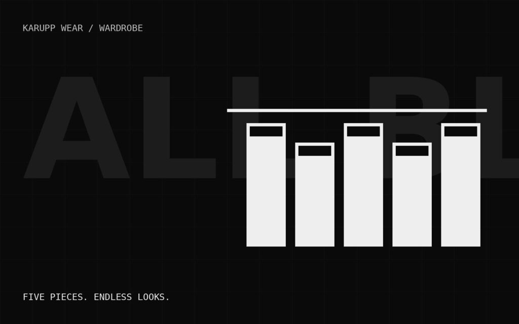 Five black garment shapes hanging on a line with the words ALL BLACK